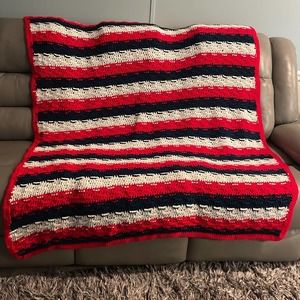 Large oversized grandma hand knitted Roseanne style, afghan-patriotic colors